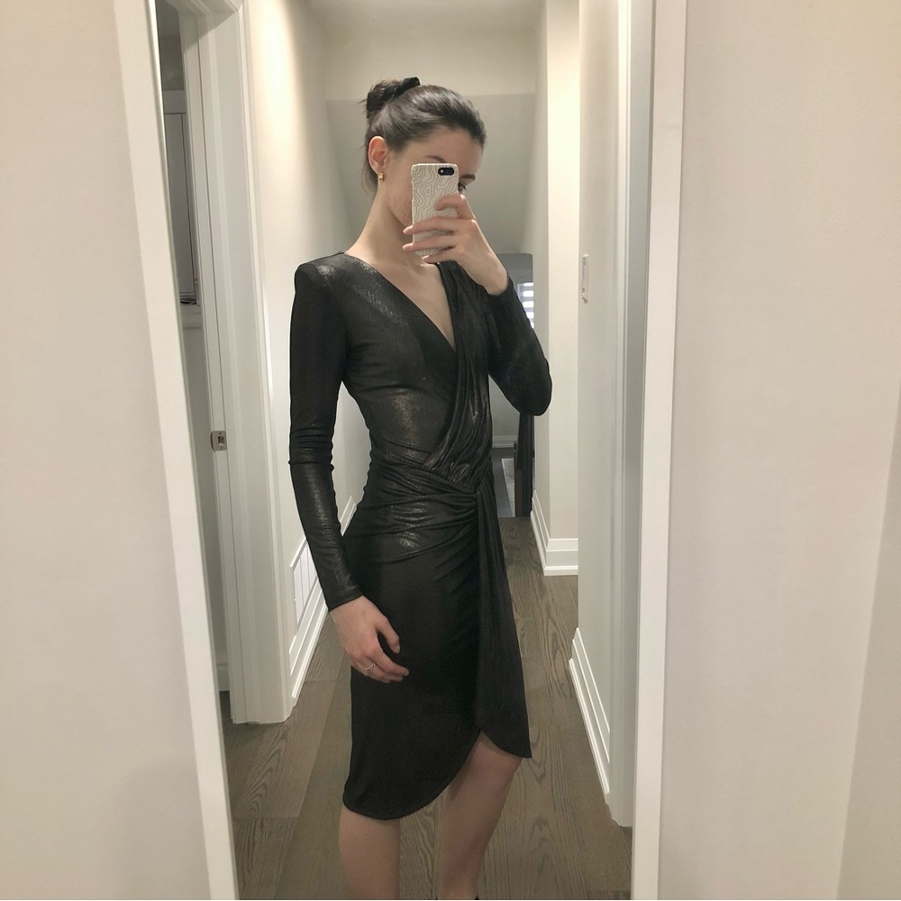 Guess Marciano | Black Metallic Silver Midi Wrap Dress NWOT - Picture 2 of 11